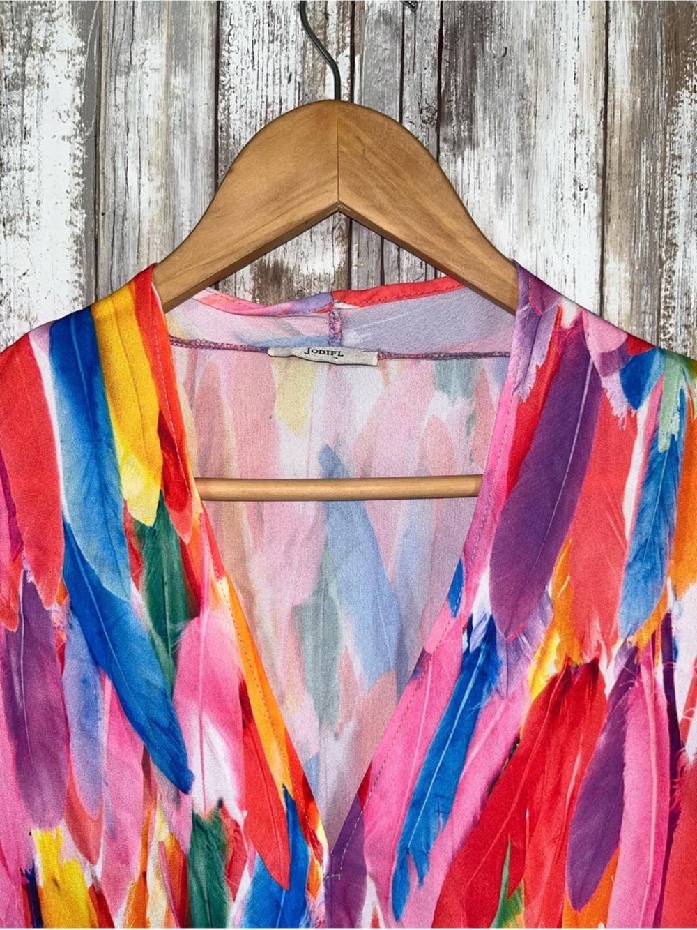 Jodifl Feather Print Blouse Size M Multicolor Oversized V Neck Boho Top - Picture 6 of 8